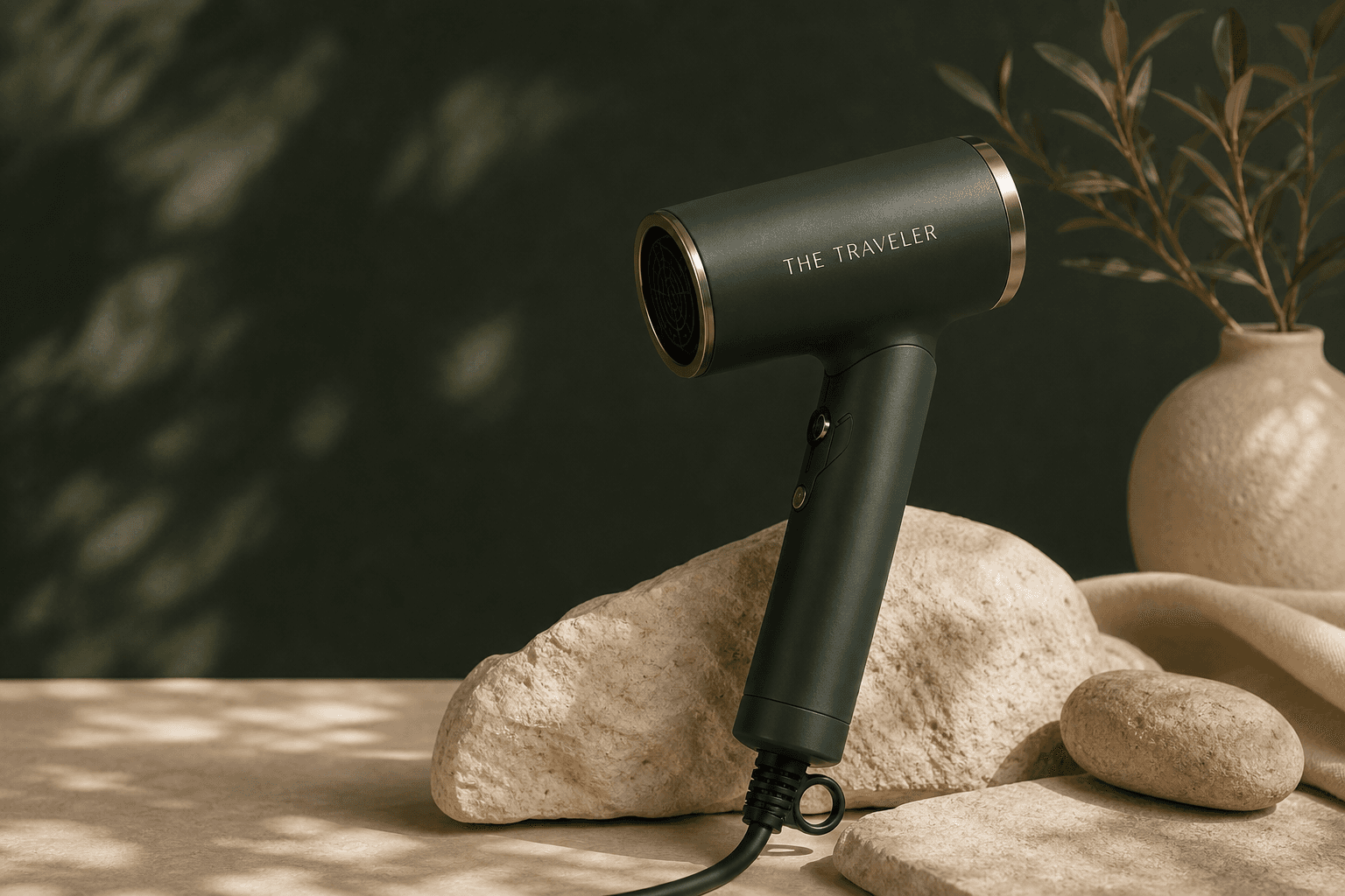The Traveler folding blow dryer in a warm studio setting