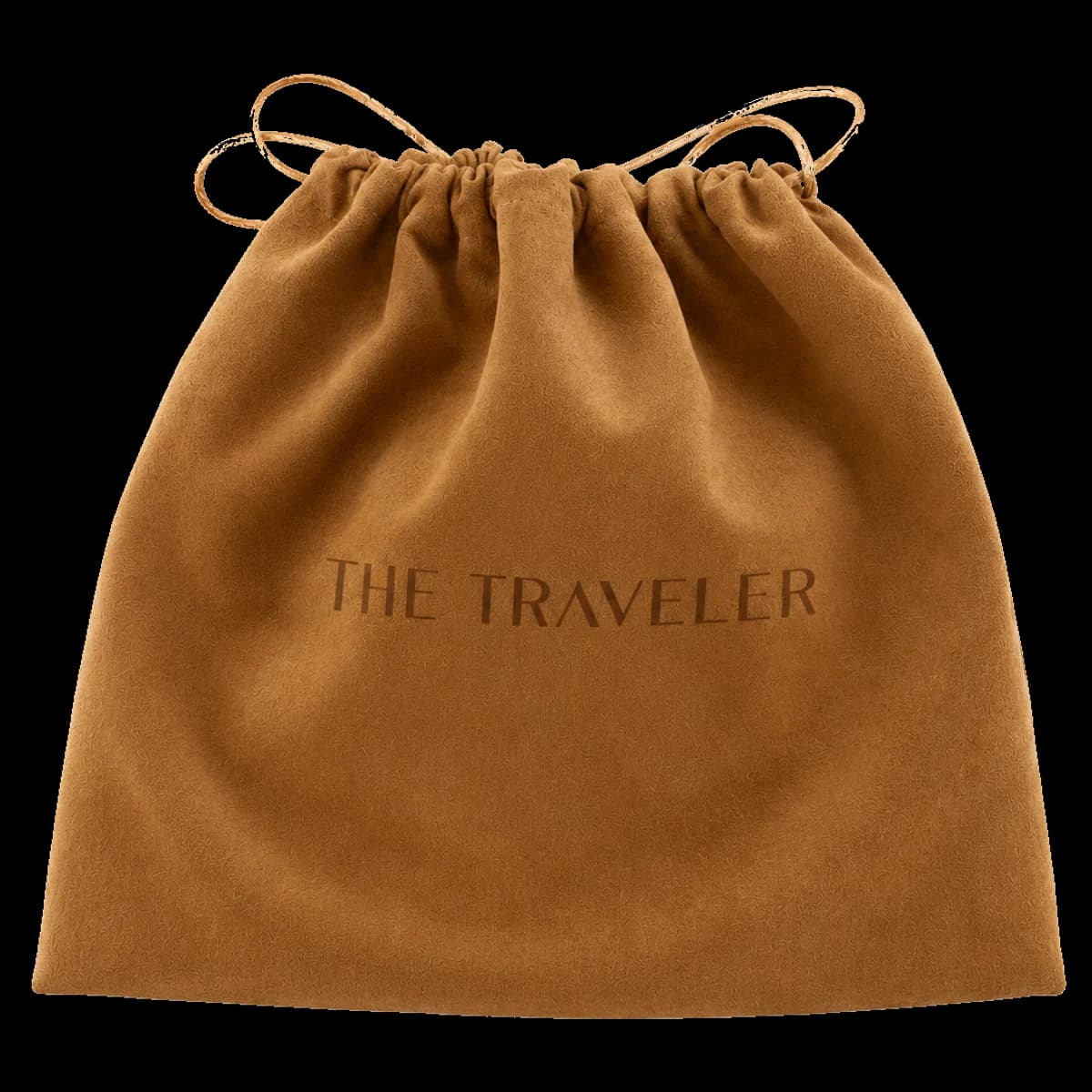 The Traveler tan drawstring storage pouch with logo