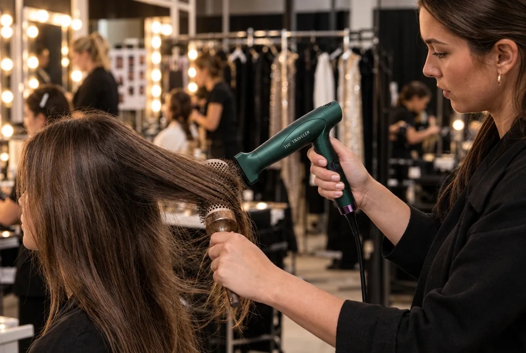 A hairstylist backstage at a fashion show blow-drying a model’s hair over a round brush with the forest-green Traveler and its concentrator