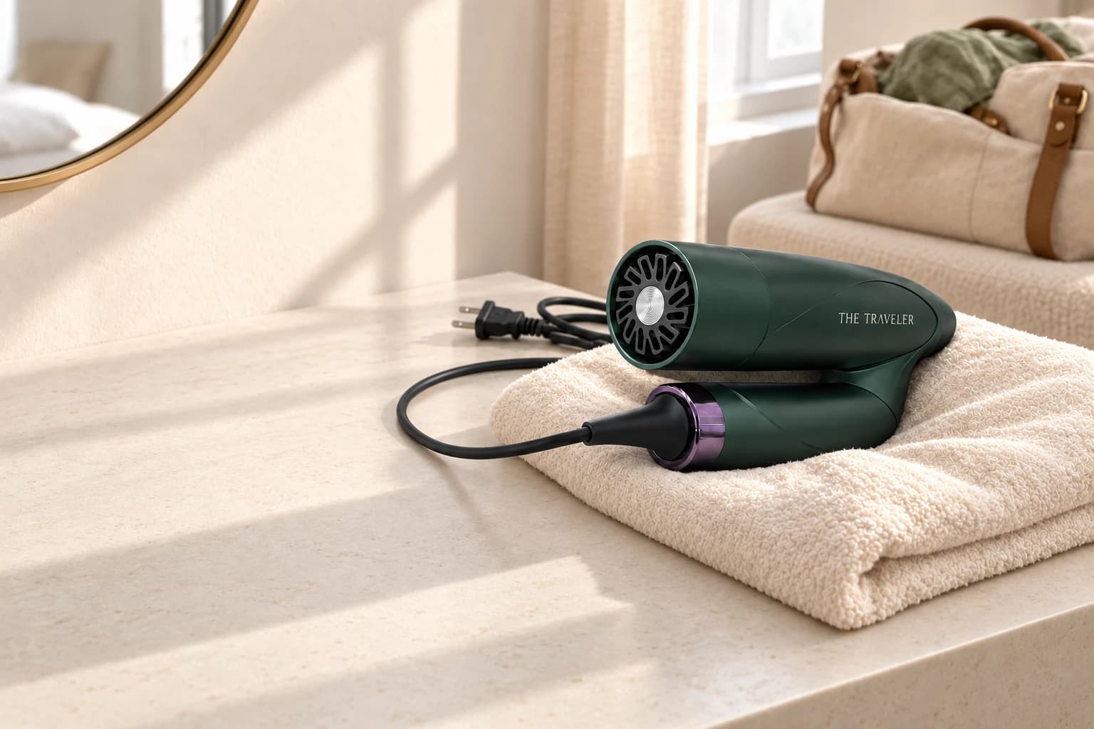 The folded forest-green Traveler resting on a cream towel on a pale stone vanity, with a packed weekender nearby