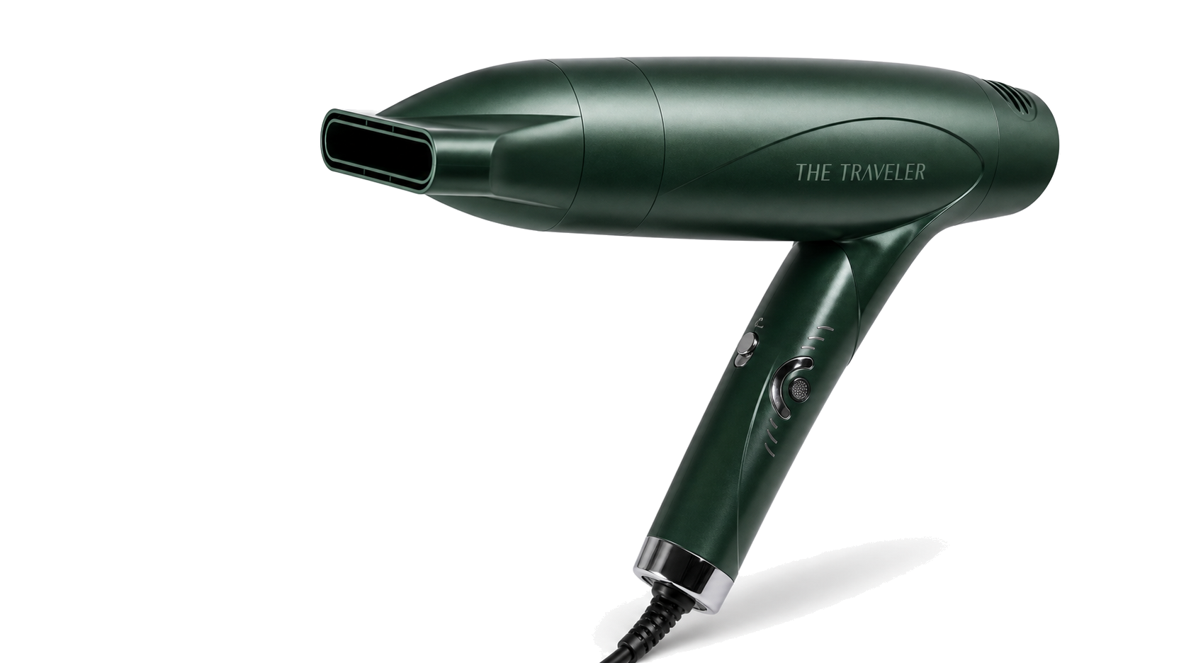The Traveler folding blow dryer in a white editorial product photograph