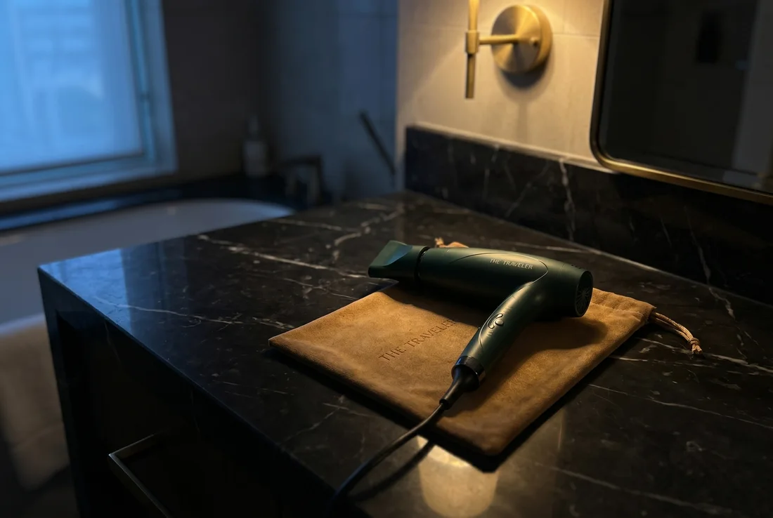 The Traveler on a dark marble hotel vanity at night, resting on its storage pouch