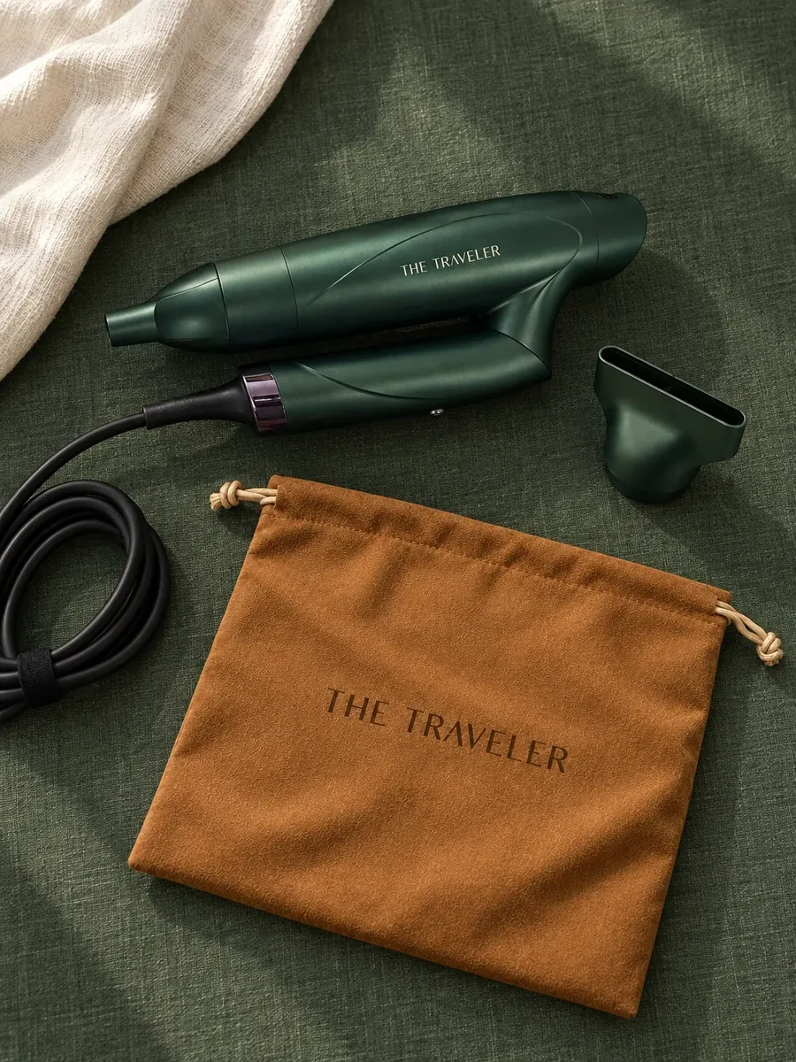 The folded forest-green Traveler dryer, magnetic nozzle, and tan storage pouch on forest-green linen