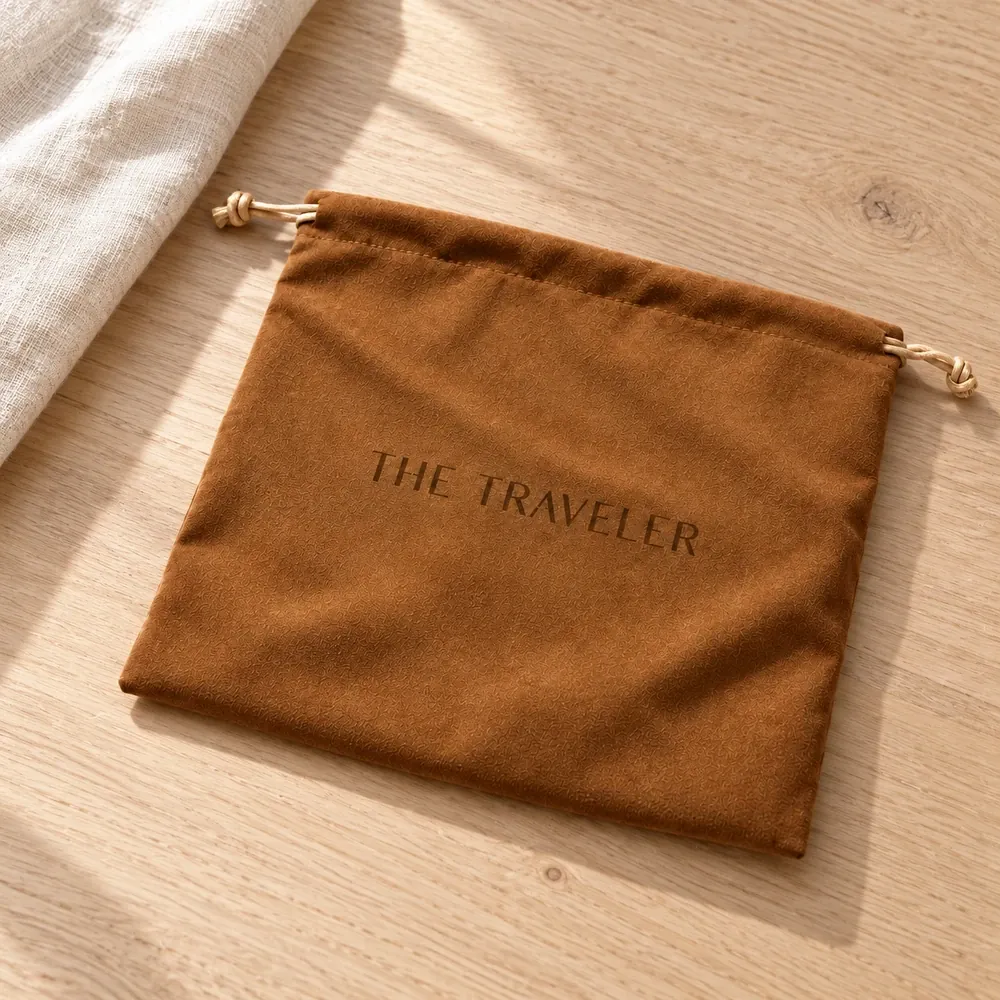 The tan Traveler storage pouch with its drawstring on a pale oak table